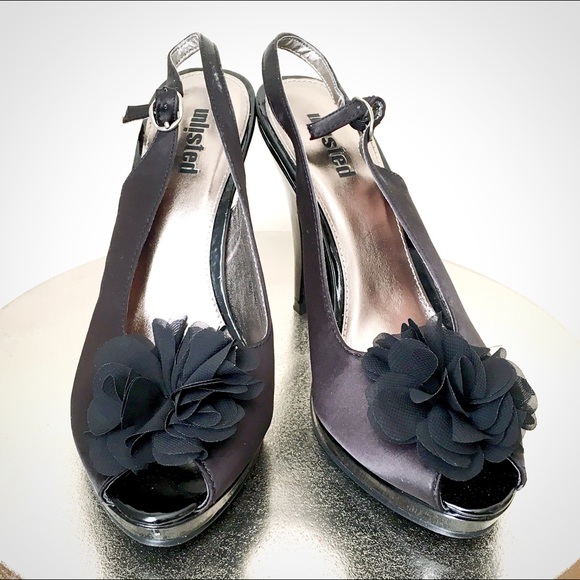 Unlisted Black Satin Peep-toes w/ Chiffon Flower - Picture 1 of 4
